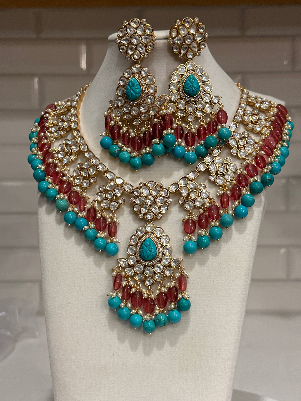 Premium quality bridal ahemedabadi kundan necklace set with turquoise beads