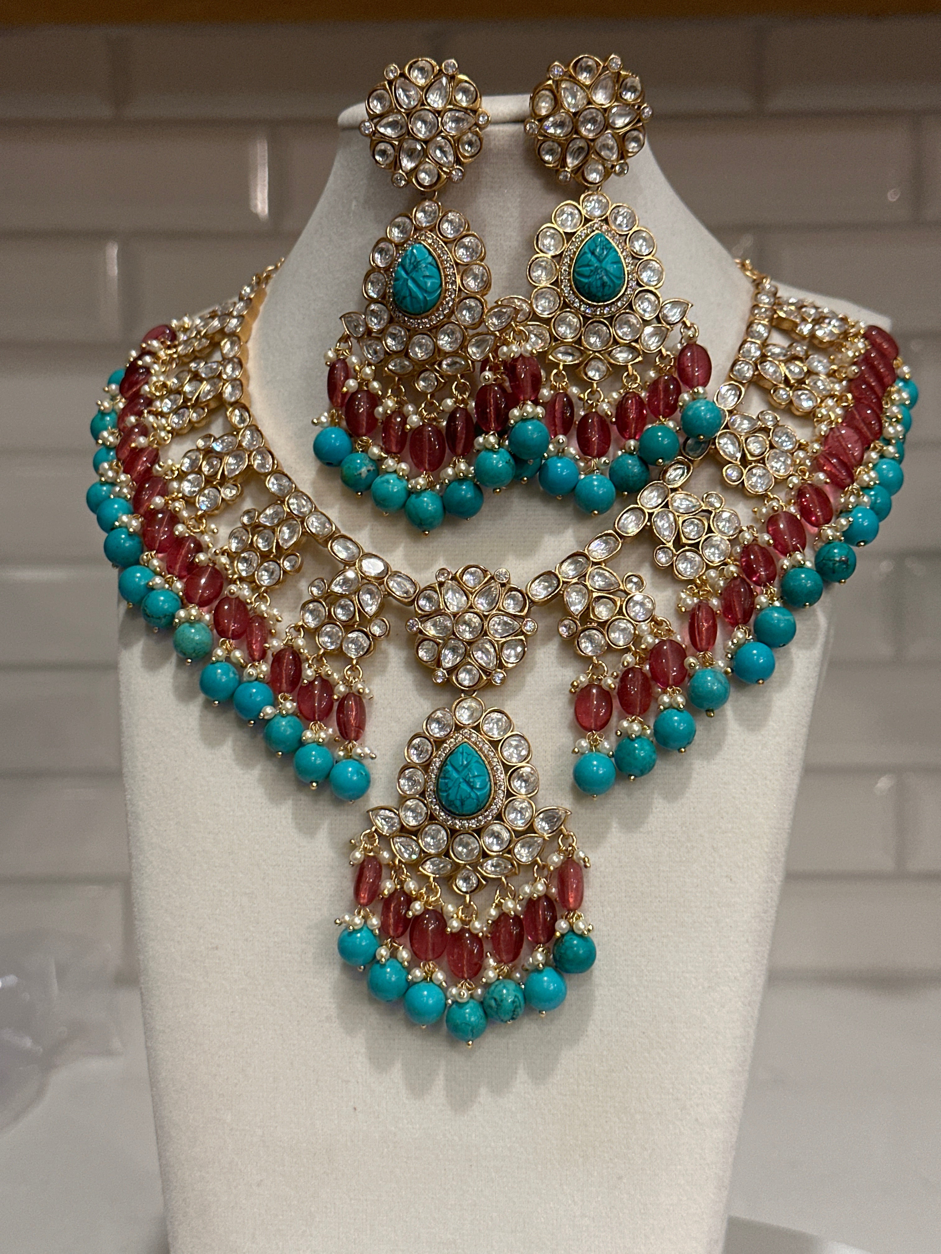 Premium quality bridal ahemedabadi kundan necklace set with turquoise beads