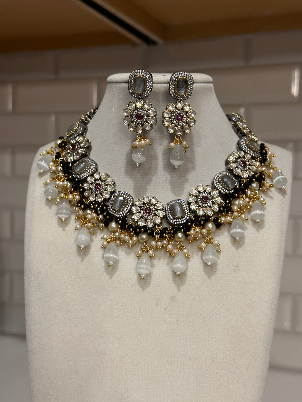 Premium Quality Beaded Polki choker with American Diamond stones