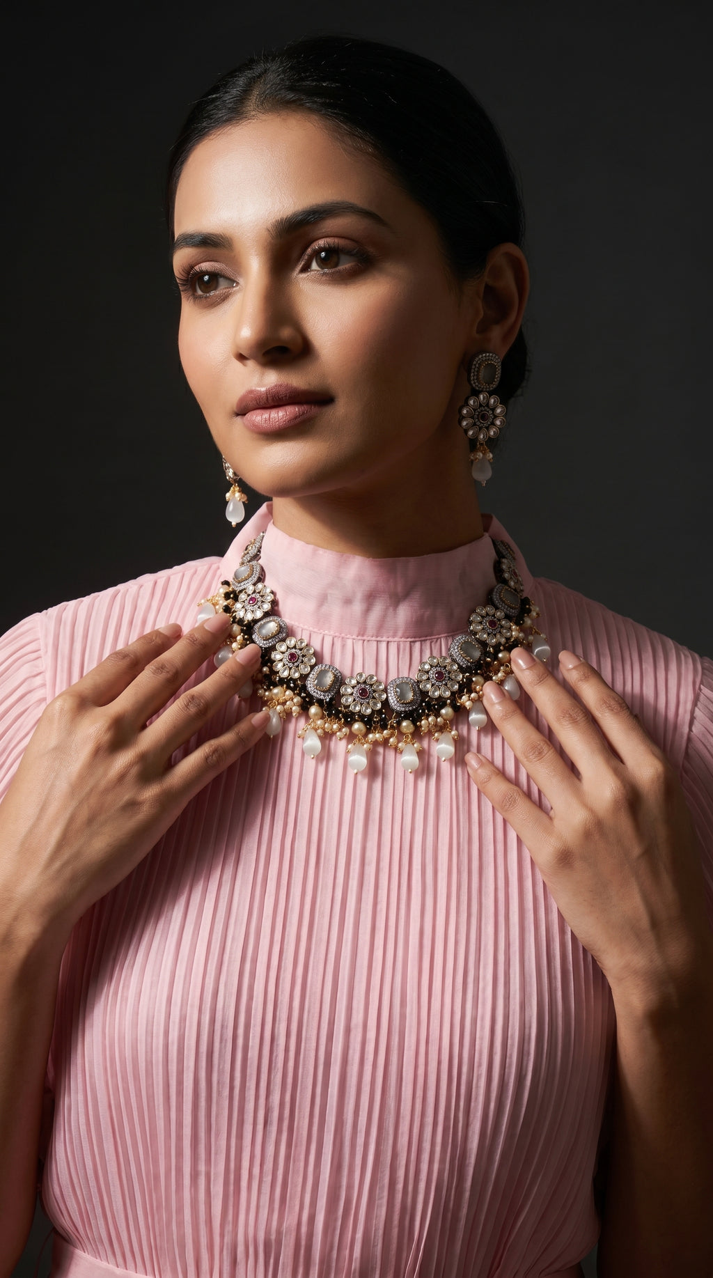 Premium Quality Beaded Polki choker with American Diamond stones