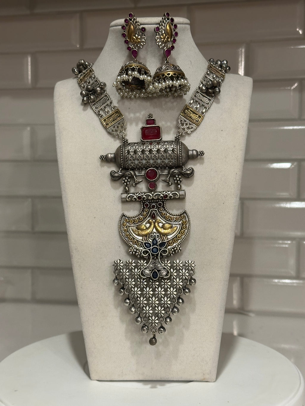 Dual Tone Silver Replica Necklace Set with Peacock Embelishments