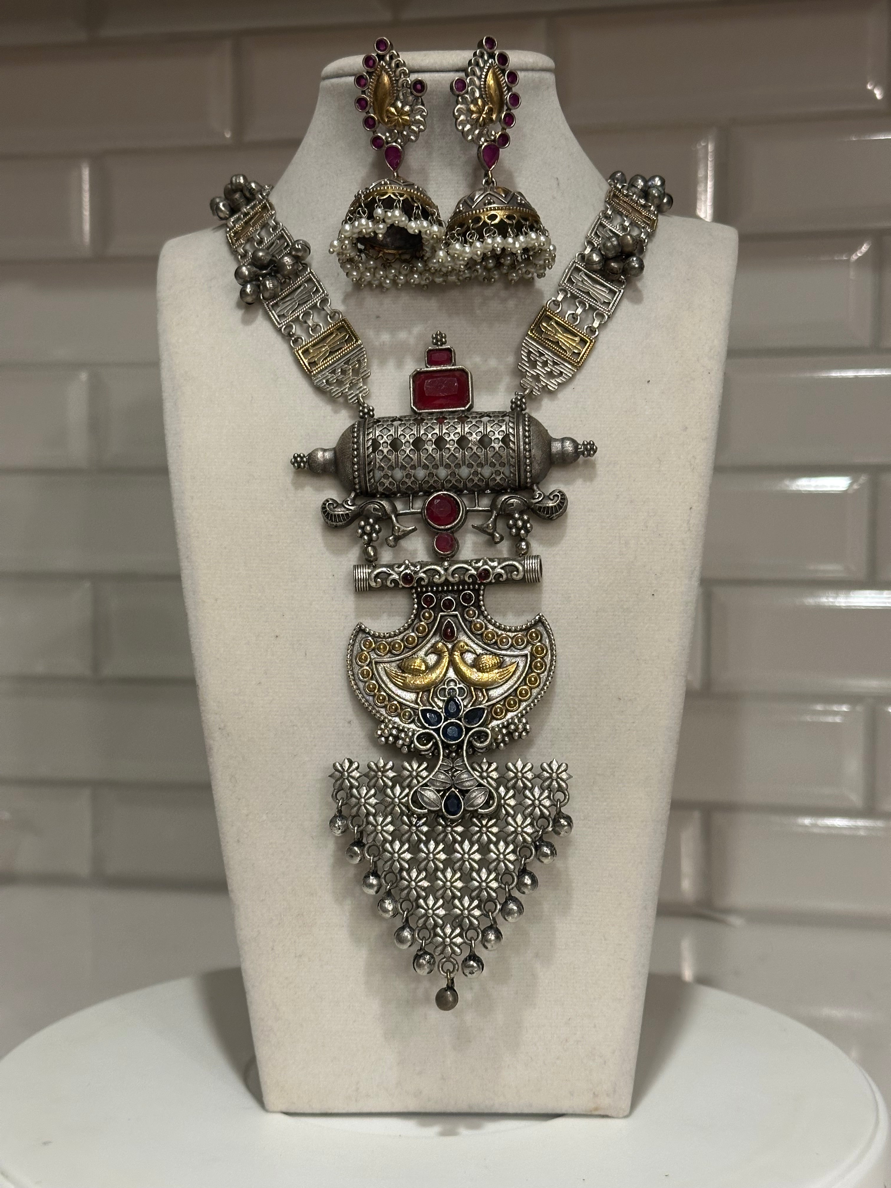 Dual Tone Silver Replica Necklace Set with Peacock Embelishments