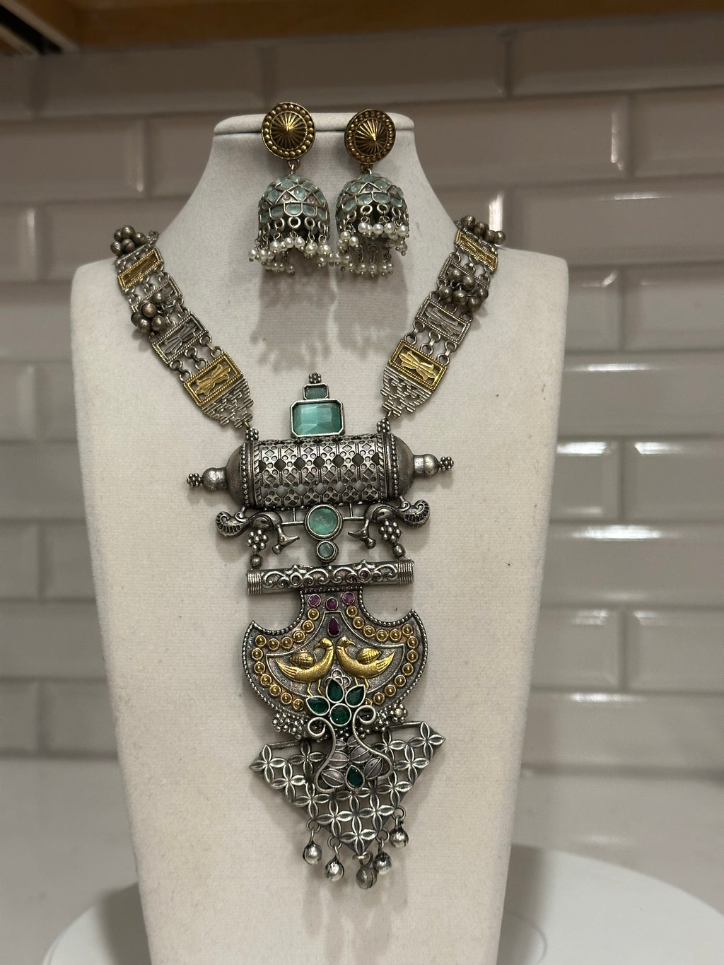 Dual Tone Silver Replica Necklace Set with Peacock Embelishments