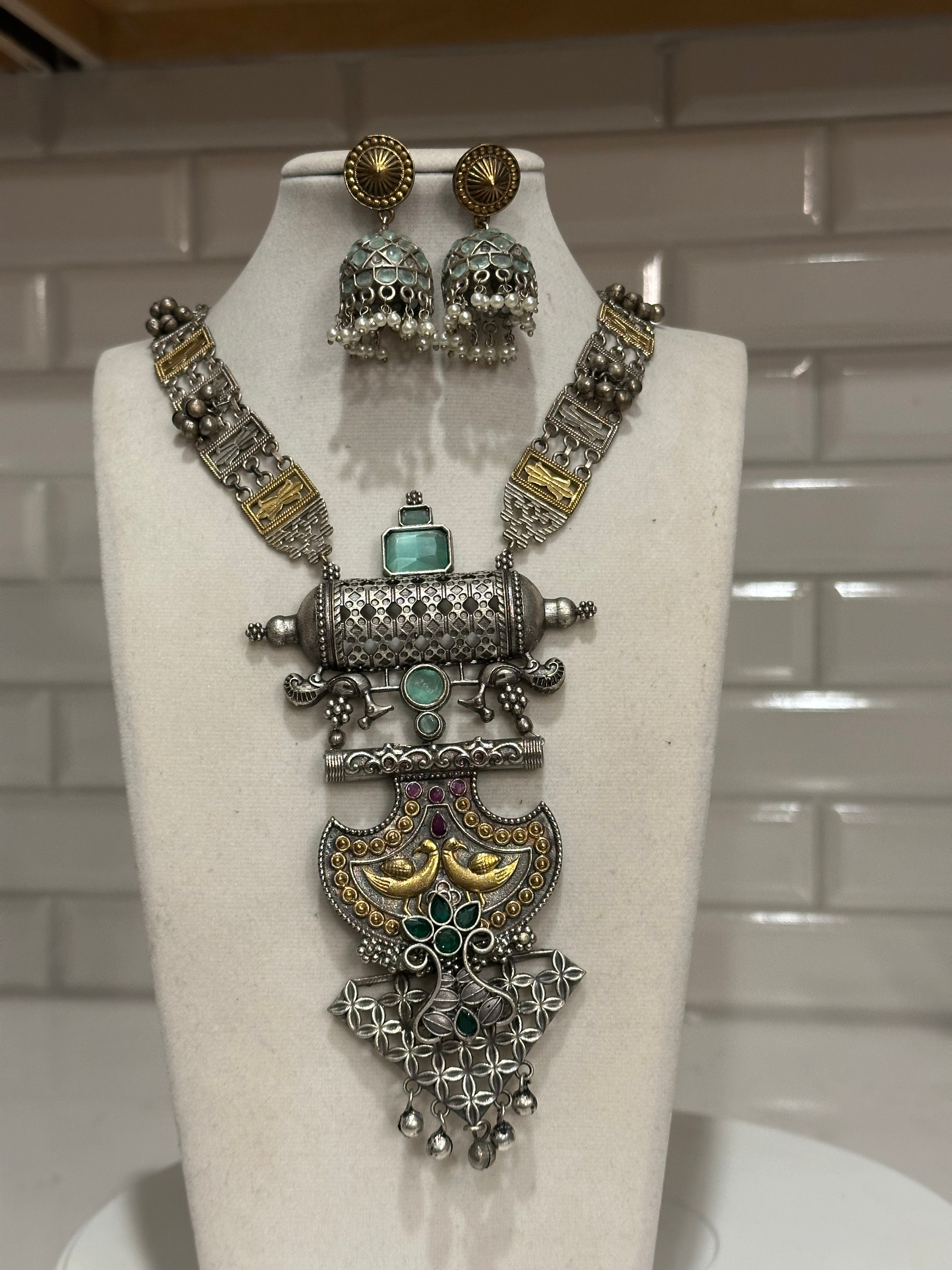 Dual Tone Silver Replica Necklace Set with Peacock Embelishments