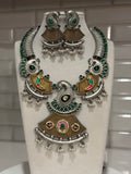 Peacock Embelished silver replica necklace with Pachi kundan embellishment