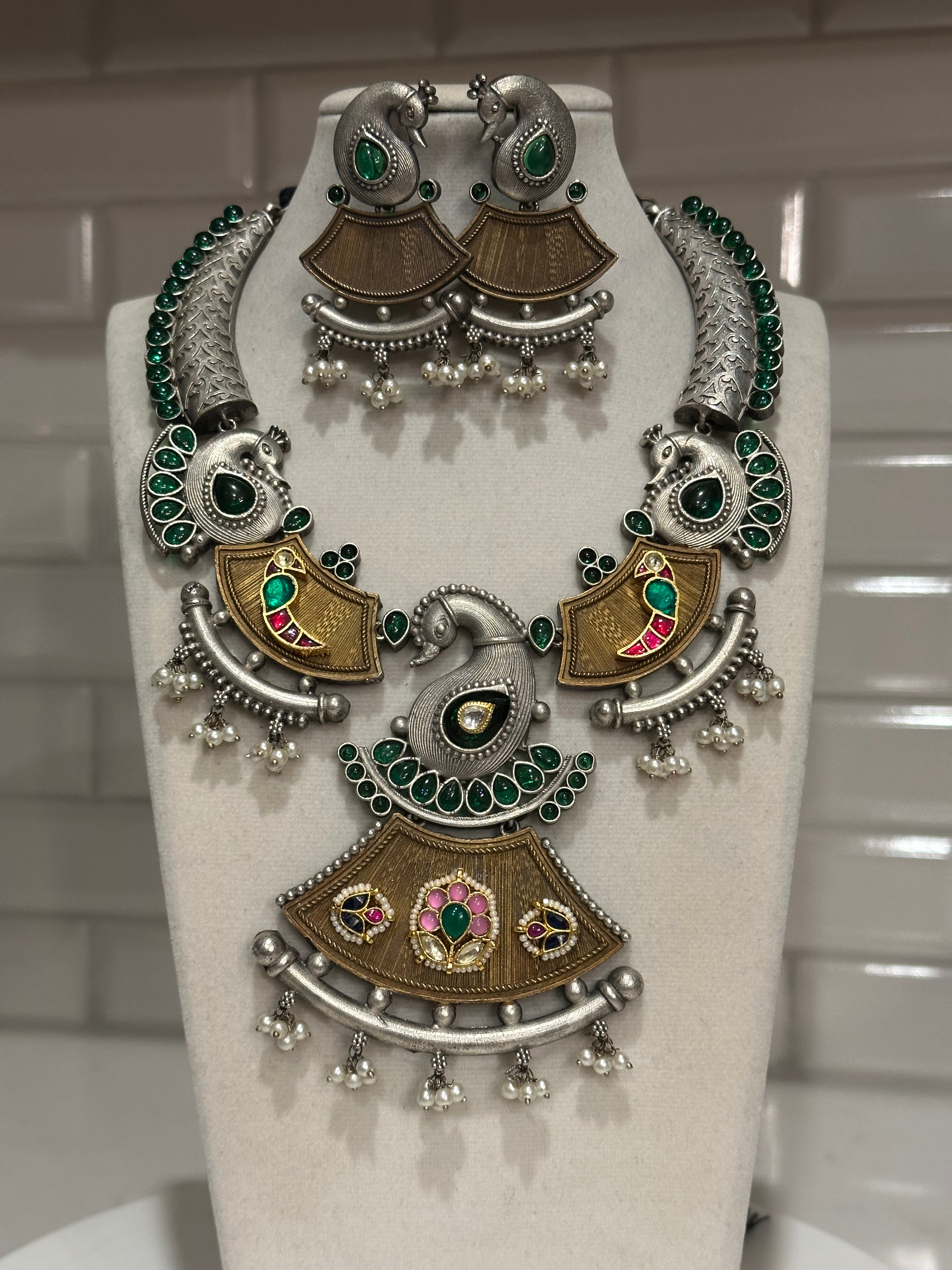 Peacock Embelished silver replica necklace with Pachi kundan embellishment