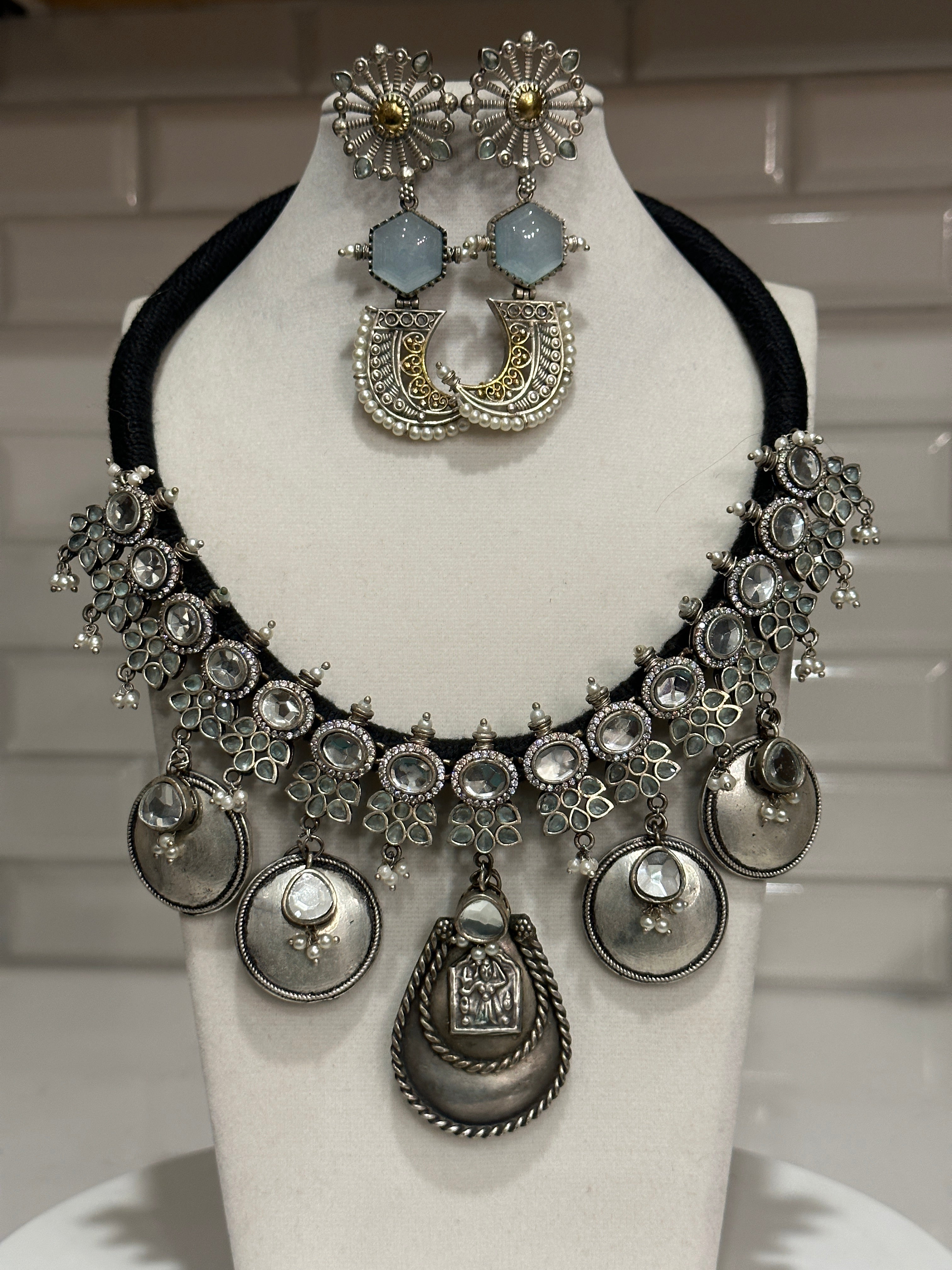 Oxidized Silver Lookalike Peacock Statement Necklace Set