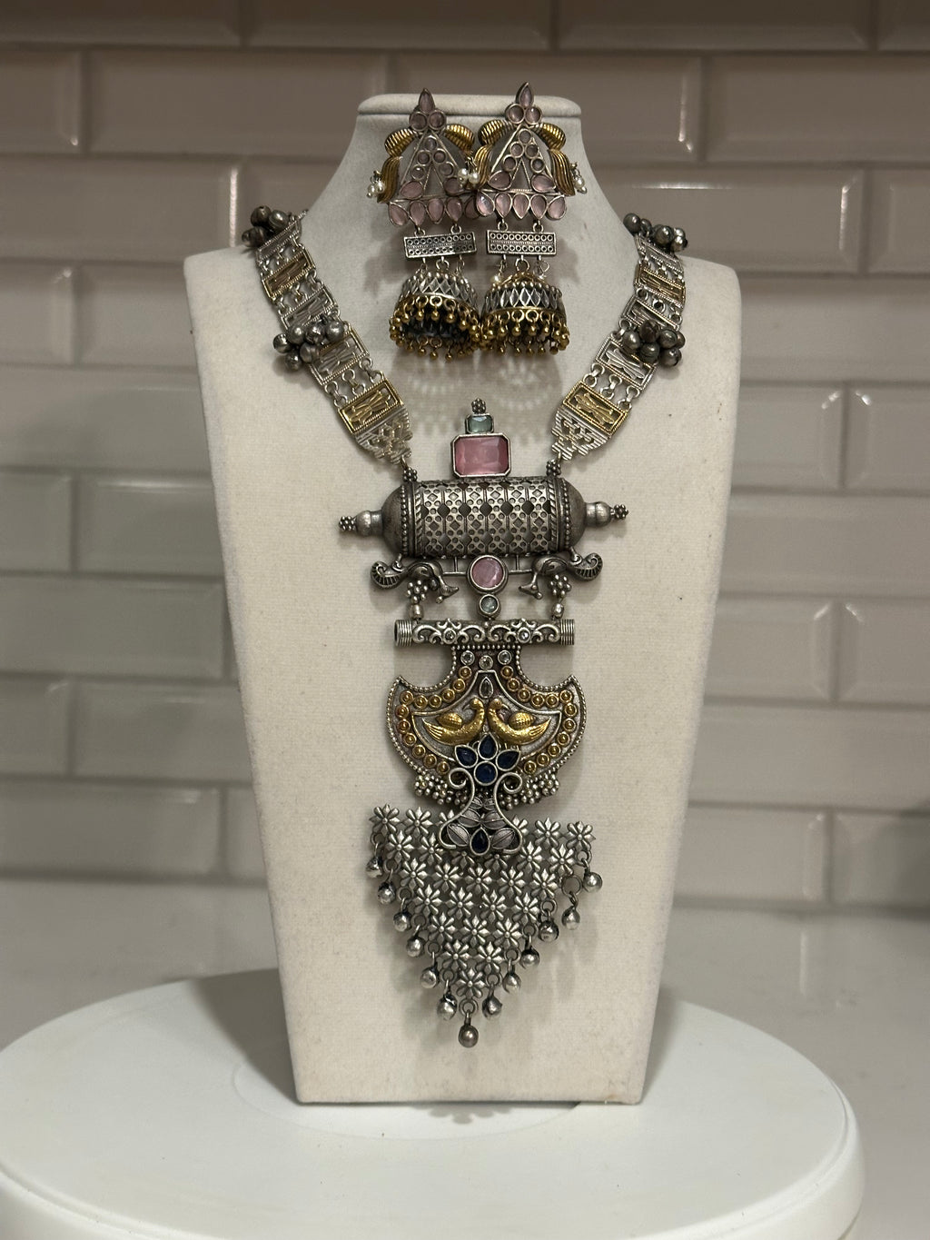 Dual Tone Silver Replica Necklace Set with Peacock Embelishments