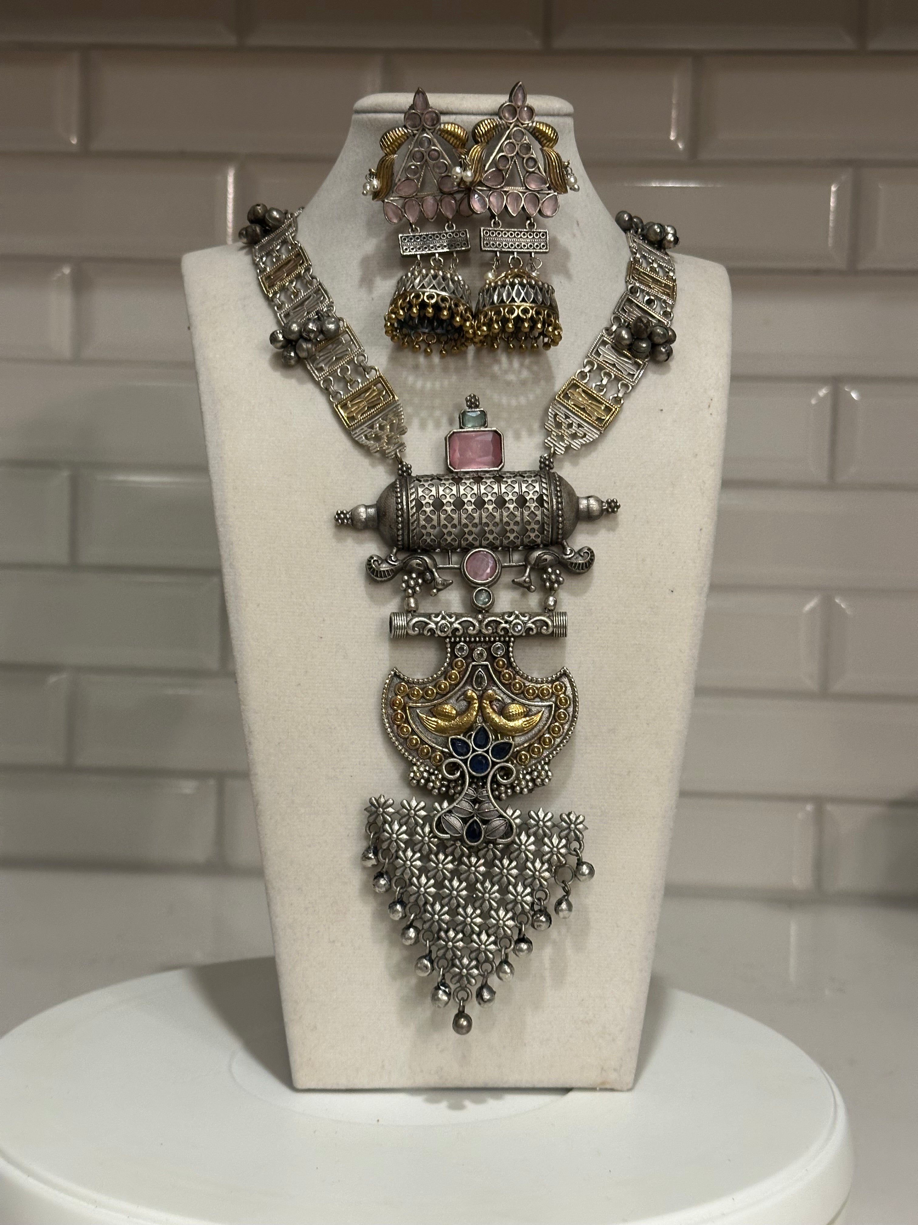 Dual Tone Silver Replica Necklace Set with Peacock Embelishments