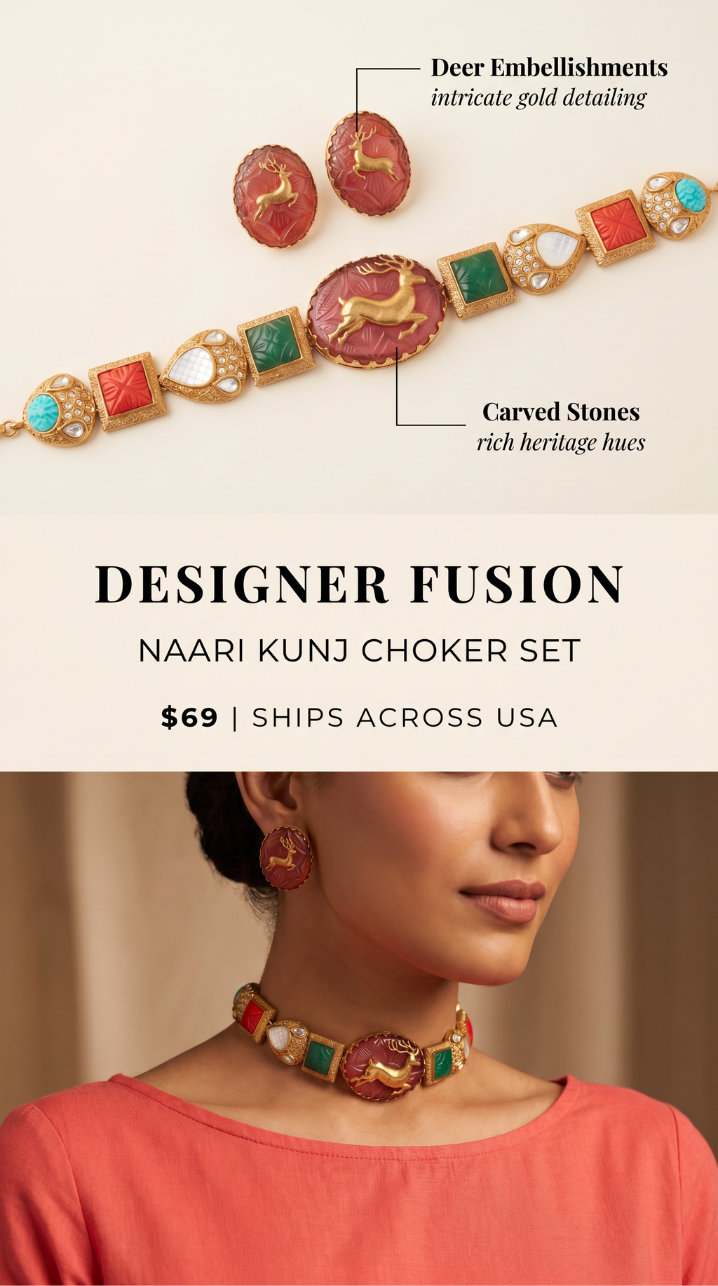 Fusion Multi color Carved Stone Necklace SET