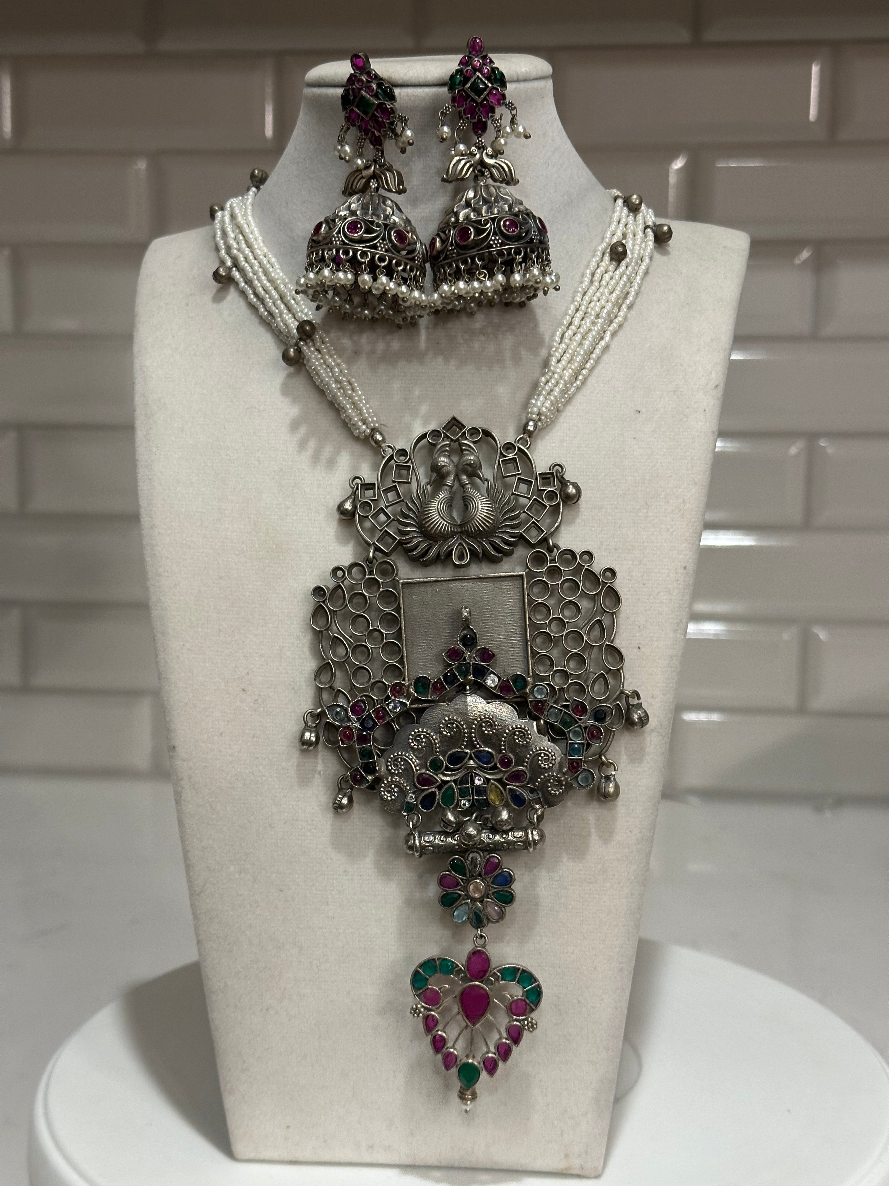 Statement Silver Replica Necklace set with kemp stones Embellished earrings