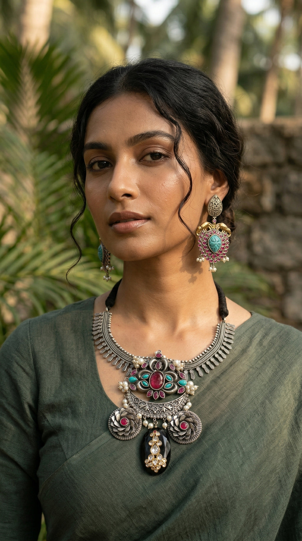Designer Wear Fusion Necklace with Turquoise ruby carved stones