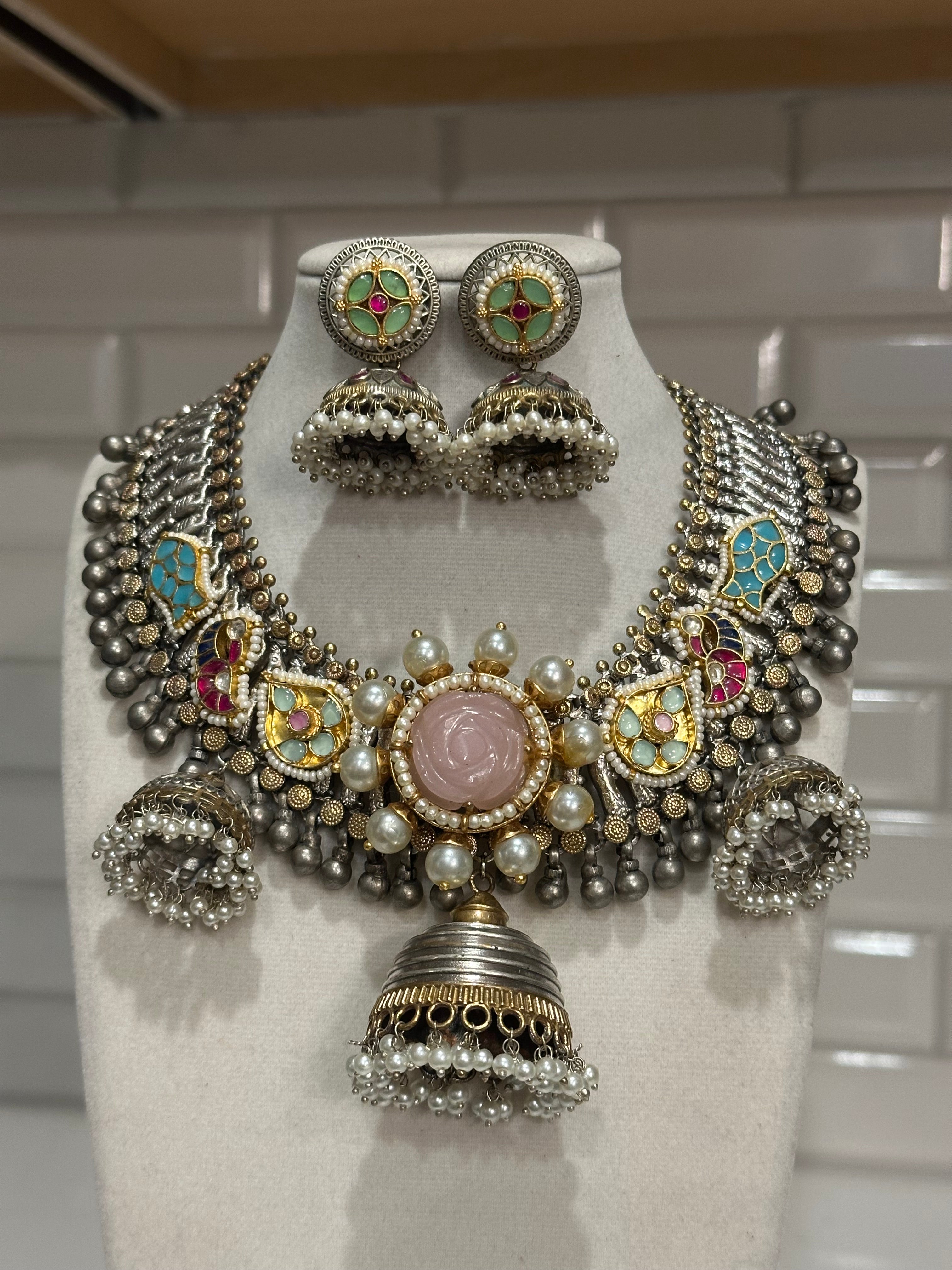 Premium Quality Silver Lookalike Necklace Set with Pachi Kundan Embellishment
