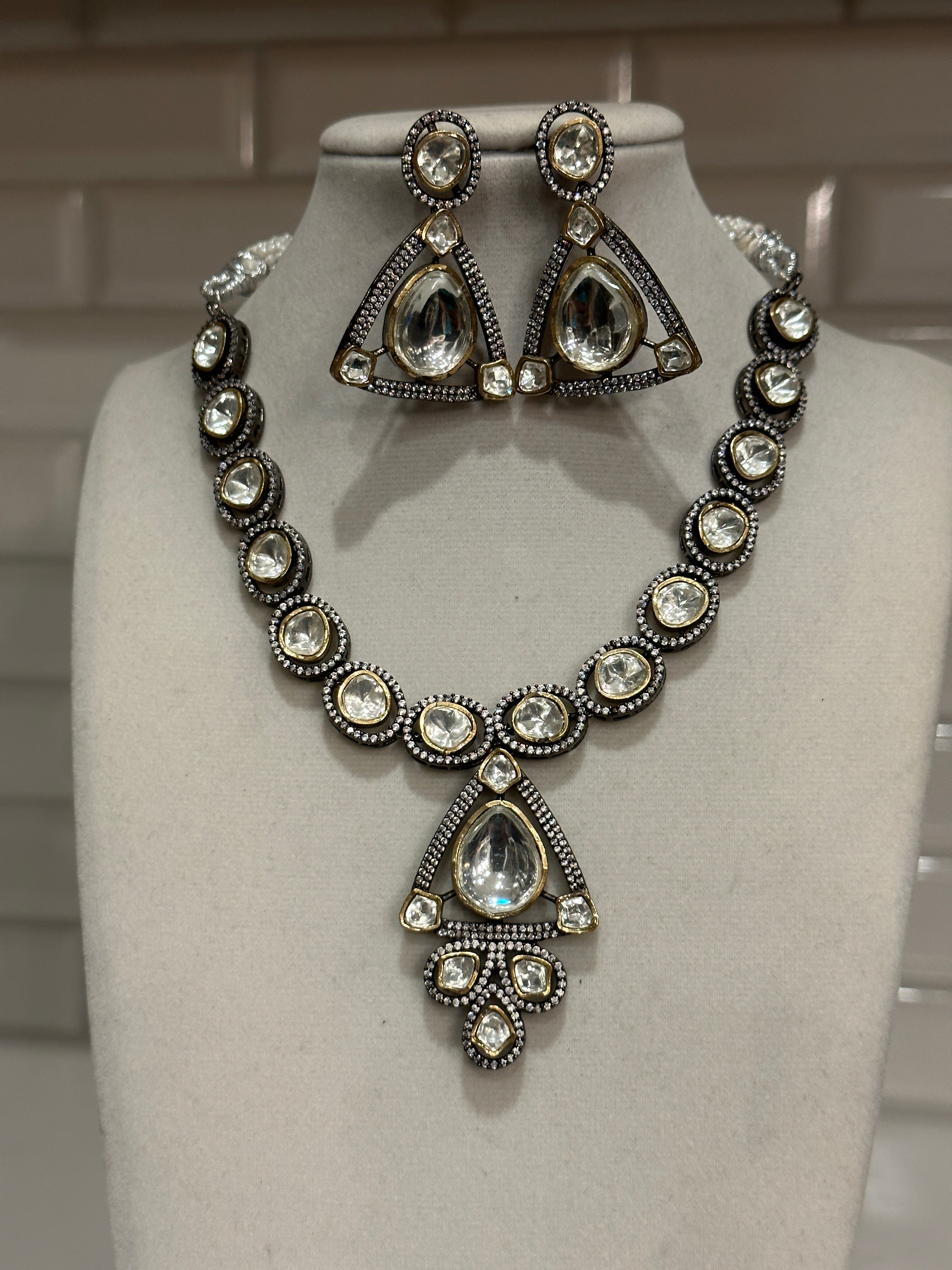 Premium POLKI Necklace Set with tear drop shaped polki stones.