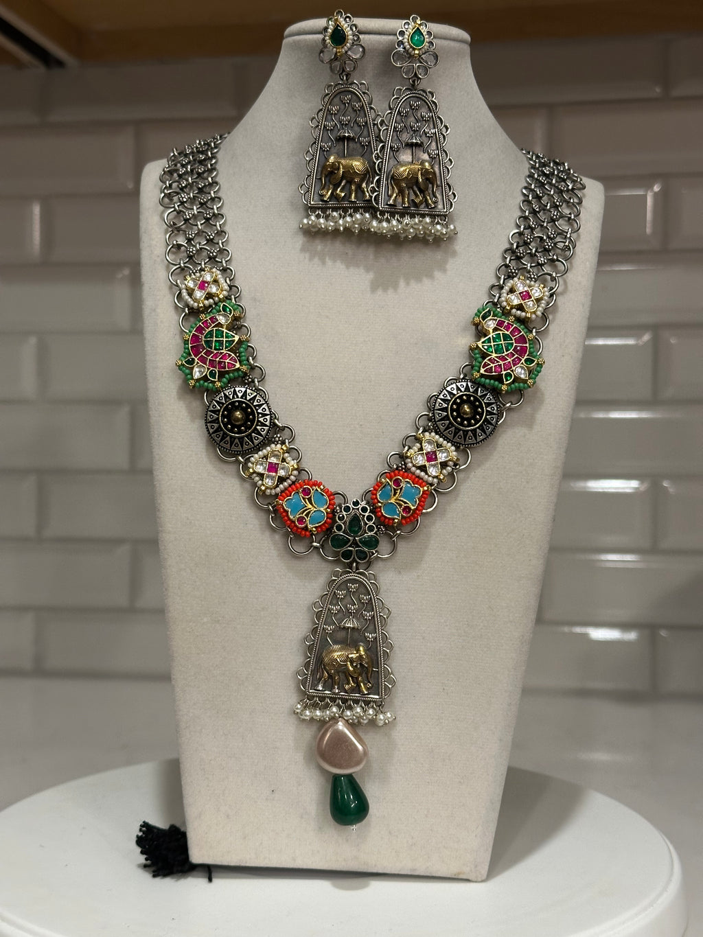 Garba Special Long Silver Lookalike Necklace with dual tone and elephant embellishment