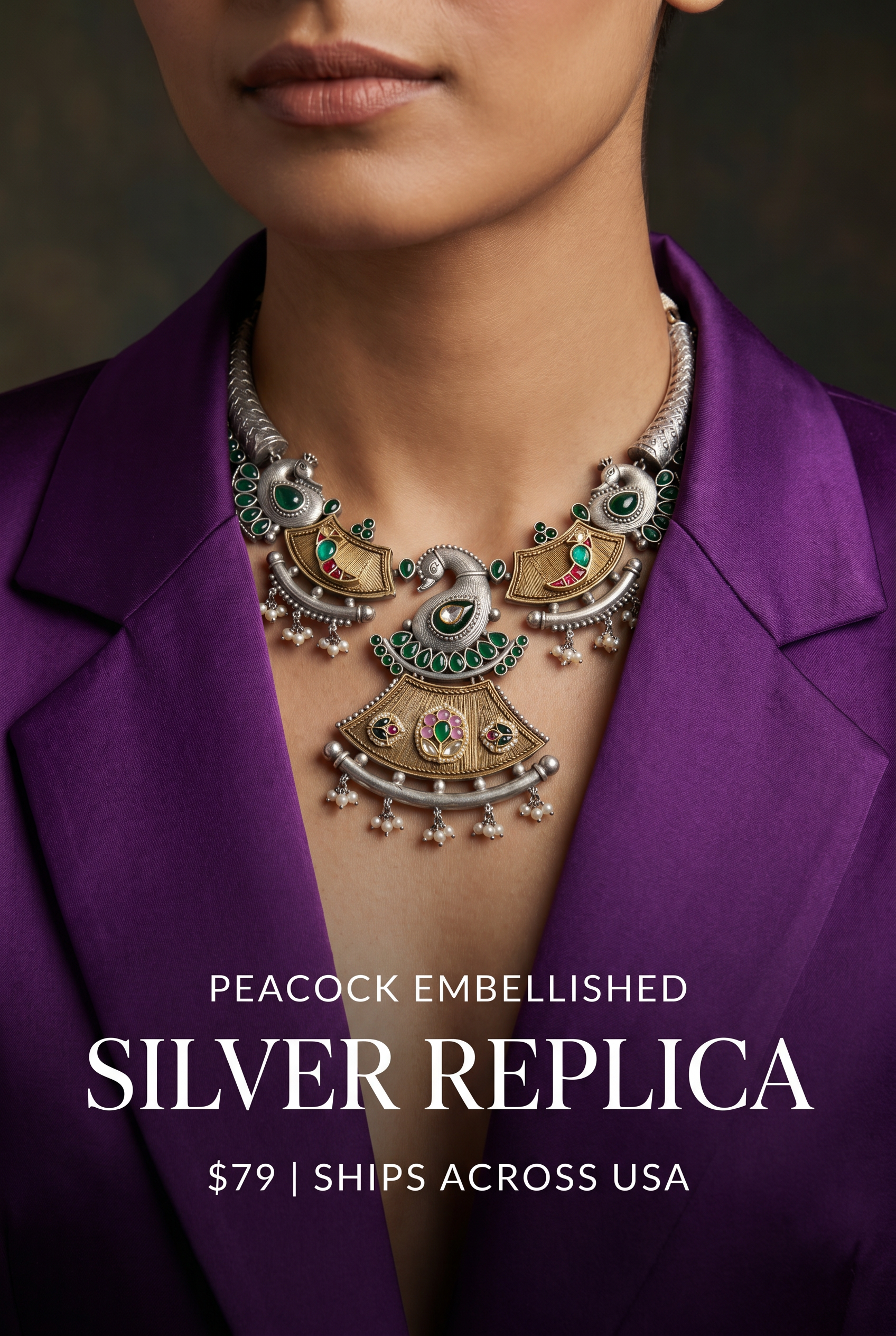 Peacock Embelished silver replica necklace with Pachi kundan embellishment