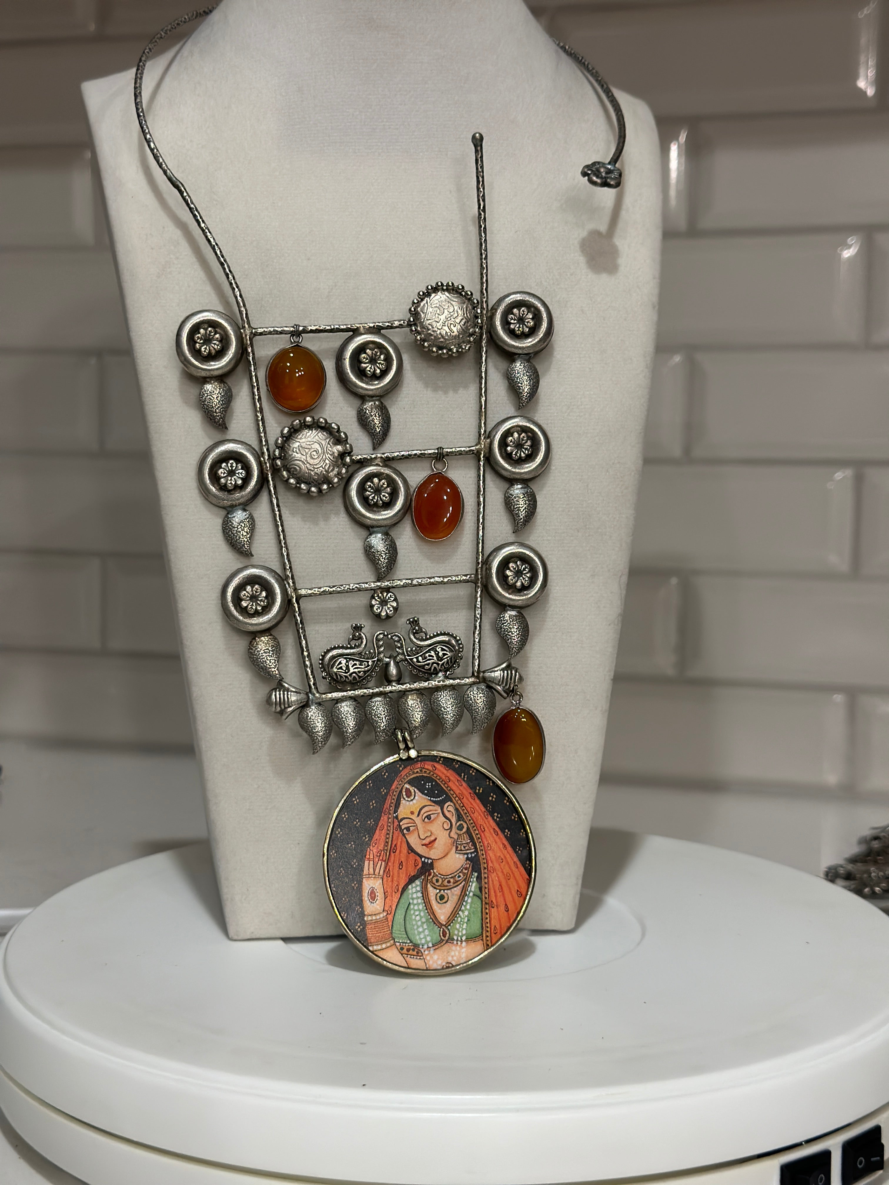 Silver Lookalike Temple designs embellished Necklace