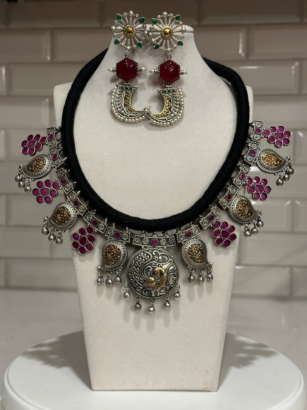 Oxidized Silver Lookalike Peacock Statement Necklace Set