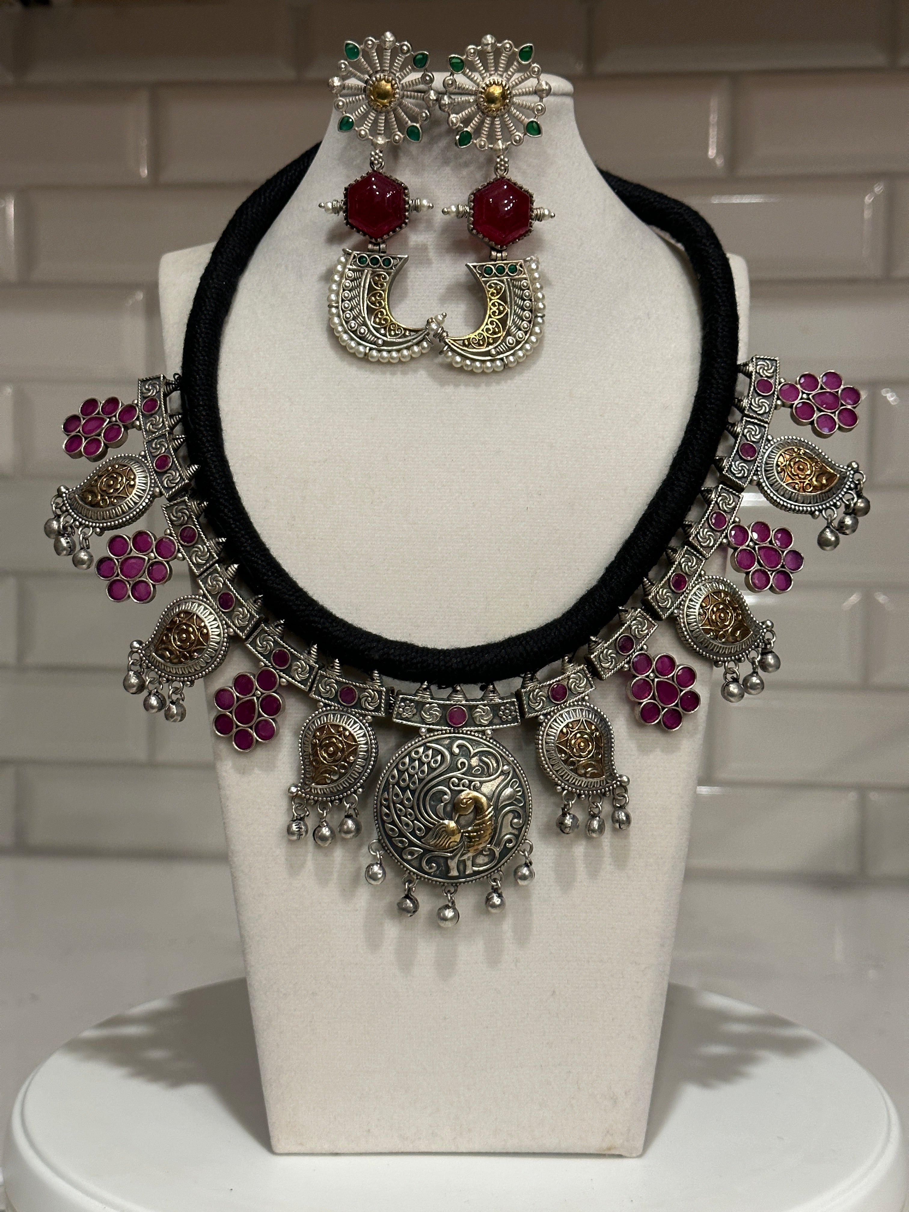 Oxidized Silver Lookalike Peacock Statement Necklace Set